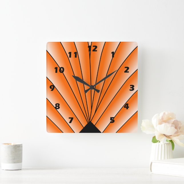 Cuadrado Diseño de ventilador Art Deco Naranja Reloj de par (Hogar)