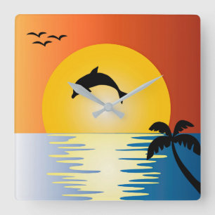 CUADRADO DOLPHIN SILHOUETTE EN EL RELOJ DE LA PARED SUNSET 