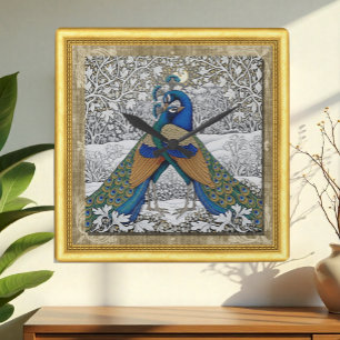 Cuadrado Dos pavos reales en abrazo Arte Nuovo, reloj enmar