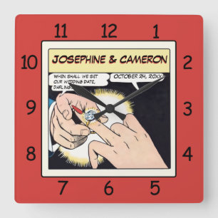 Cuadrado Estilo de comic Anillo de anillos Boda Reloj rojo