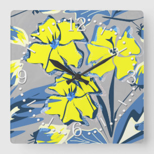 Cuadrado Flores amarillas y azules con chispas. reloj grand