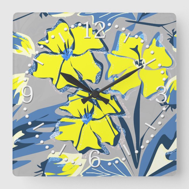 Cuadrado Flores amarillas y azules con chispas. reloj grand (Anverso)