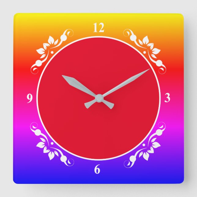 Cuadrado Fondo rojo y reloj de pulsera multicolor (Anverso)