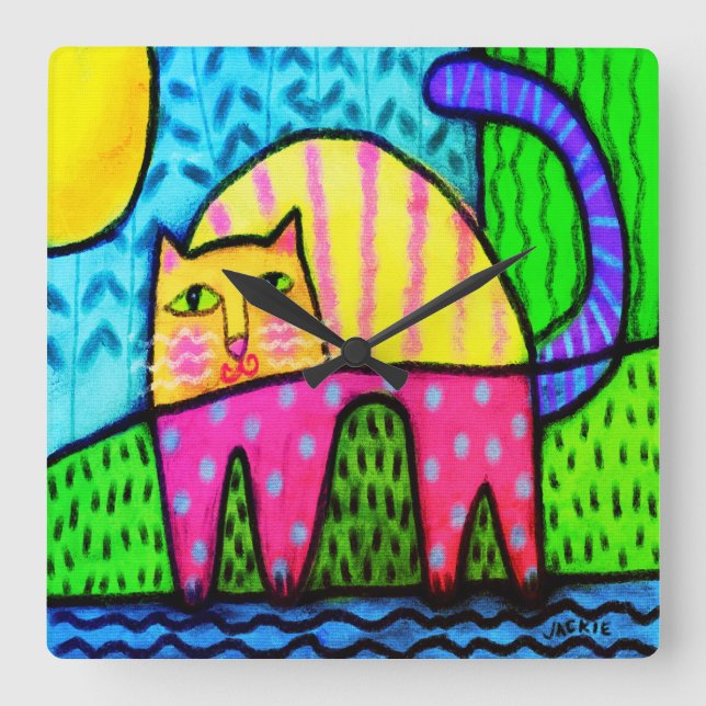 Cuadrado Funky Cat Resumen Pintura de reloj grande (Anverso)