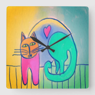 Cuadrado Gato adorable Resumen Arte Reloj grande