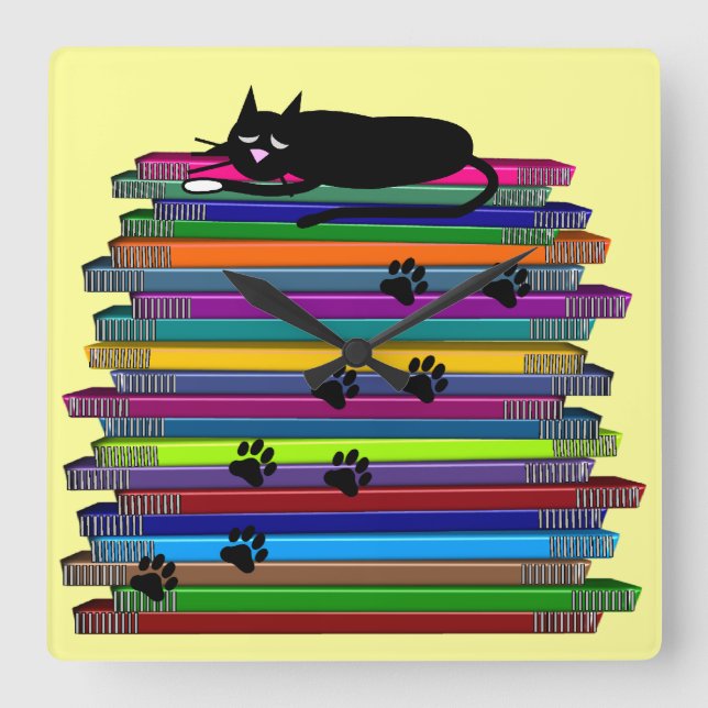 Cuadrado Gato negro caprichoso y reloj de libros (Anverso)