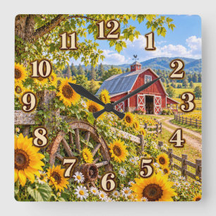 Cuadrado Granja de girasoles granero reloj de campo