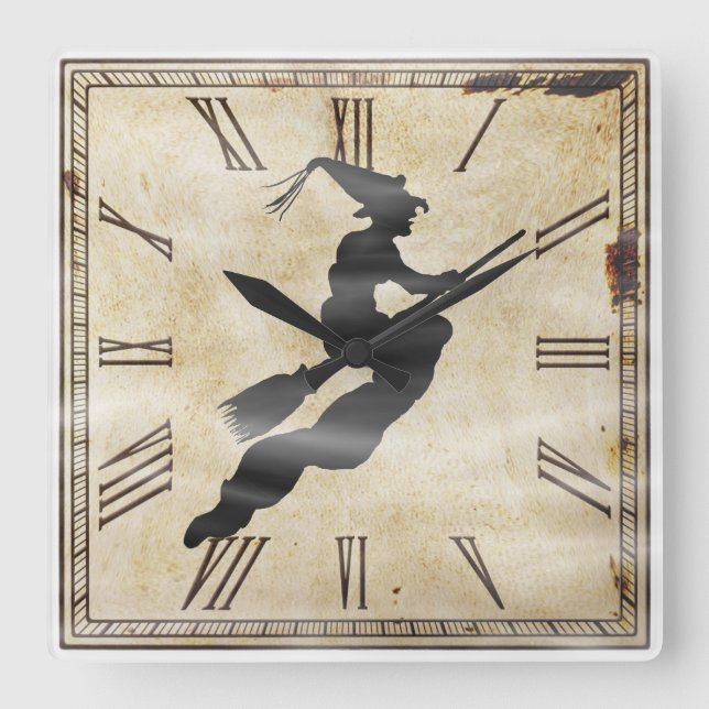 Cuadrado Halloween Witch Silhouette | Cara de reloj de vint (Anverso)