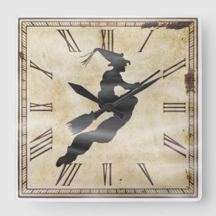 Cuadrado Halloween Witch Silhouette   Cara de reloj de vint