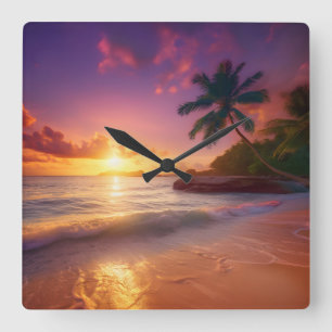 Cuadrado Hermosa puesta de sol en la playa tropical reloj