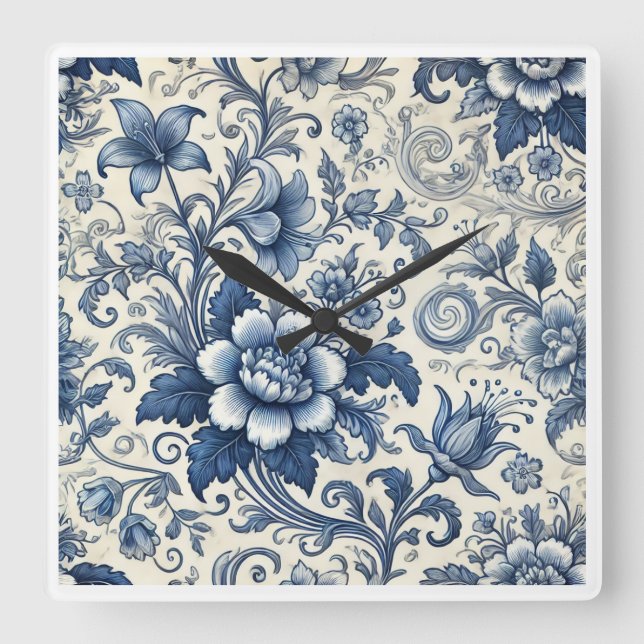 Cuadrado Hermoso reloj de flores azules (Anverso)