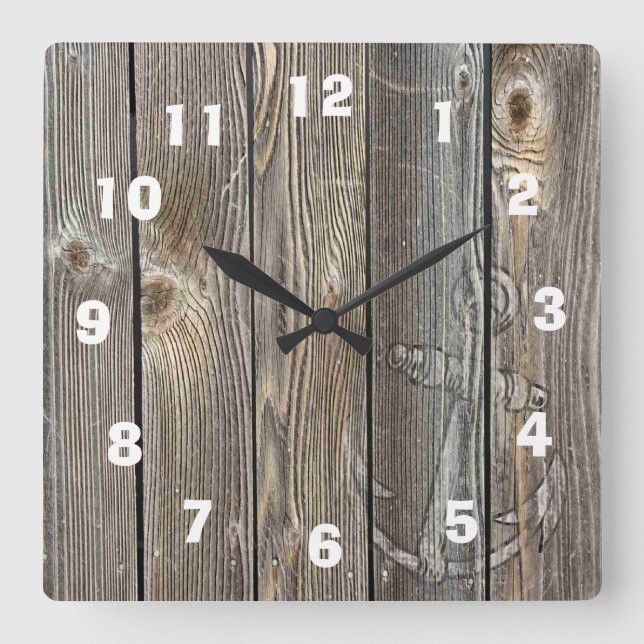 Cuadrado Hermoso Reloj de madera vieja con ancla blanca (Anverso)