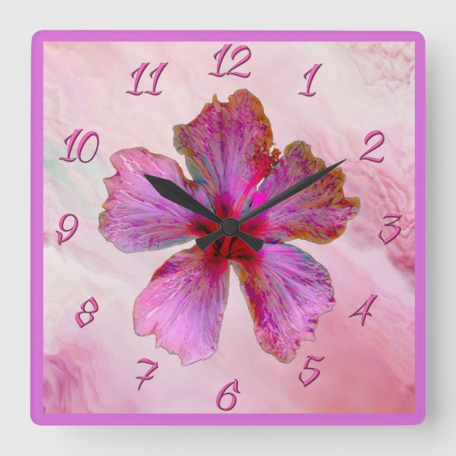 Cuadrado Hibiscus Design Reloj floral en rosa (Anverso)
