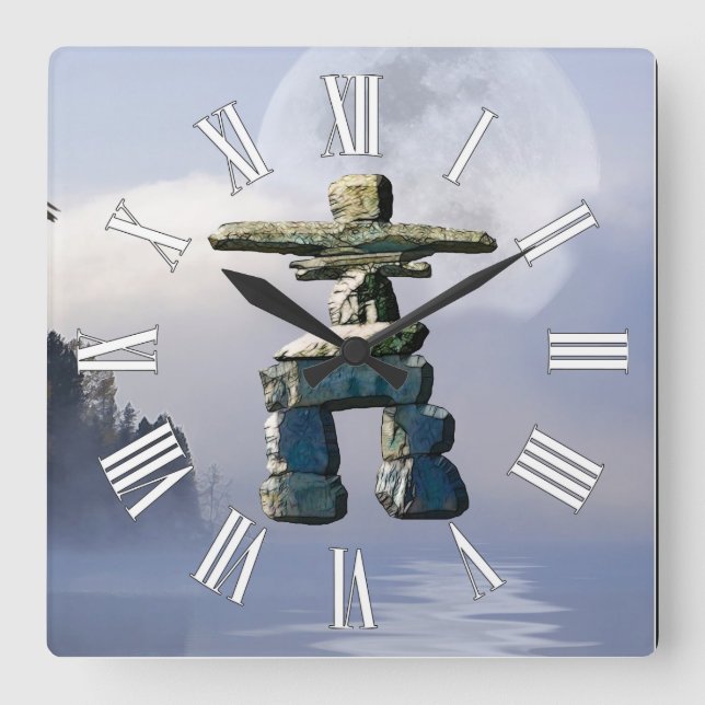 Cuadrado Inukshuk y Wilderness Reloj de arte lunar (Anverso)