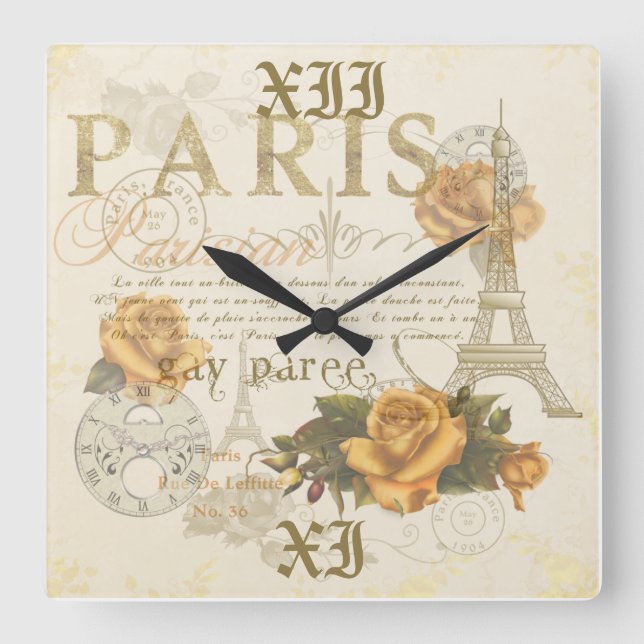 Cuadrado KRW Estilo de época París Rosas Torre Eiffel Reloj (Anverso)