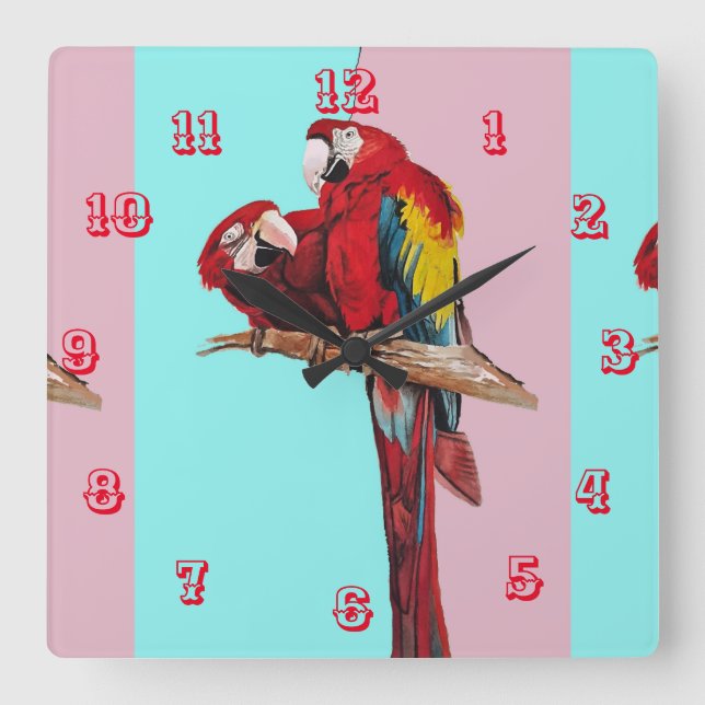 Cuadrado Macaw Watercolor Parrot Pájaro Niños Cuarto Reloj (Anverso)