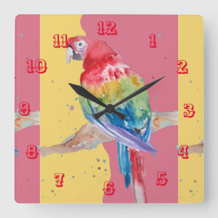 Cuadrado Macaw Watercolor Parrot Pájaro Niños Cuarto Reloj