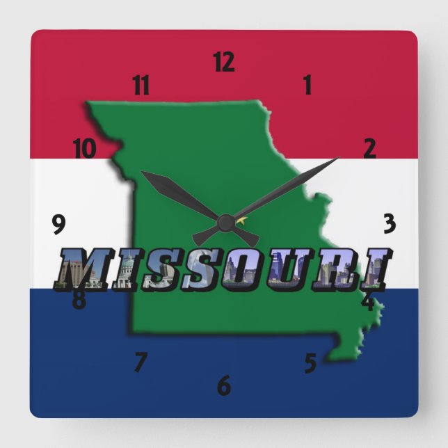 Cuadrado Mapa de Missouri, texto y reloj de bandera estatal (Anverso)