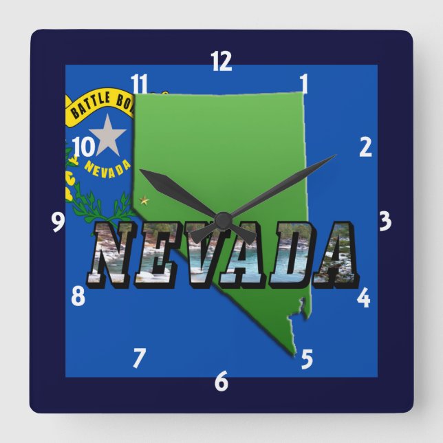 Cuadrado Mapa de Nevada, texto de imagen y reloj de bandera (Anverso)