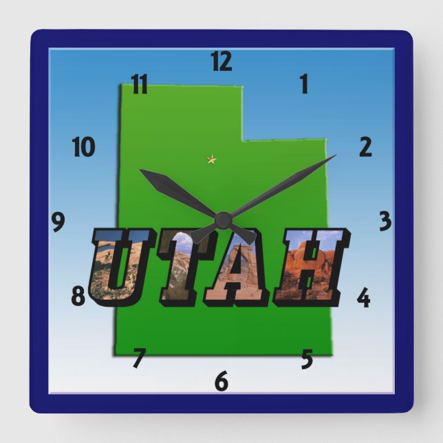Cuadrado Mapa de Utah y reloj de texto de imagen (Anverso)