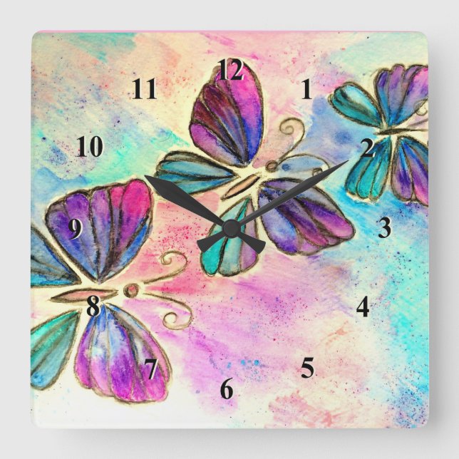 Cuadrado Mariposa de primavera pared reloj acuático arte (Anverso)