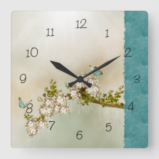 Cuadrado Mariposa serena verde azulada numerada reloj de