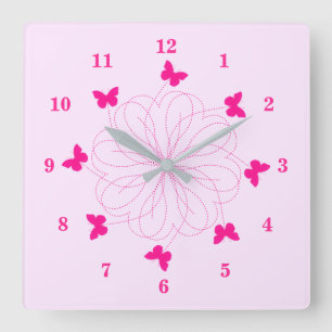 Cuadrado Mariposas rosadas del reloj de la pared de color p