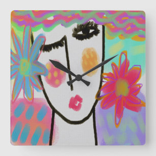 Cuadrado Mujer con flores Funky Abstract Arte reloj grande