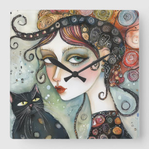 Cuadrado Mujer elegante y reloj de gato