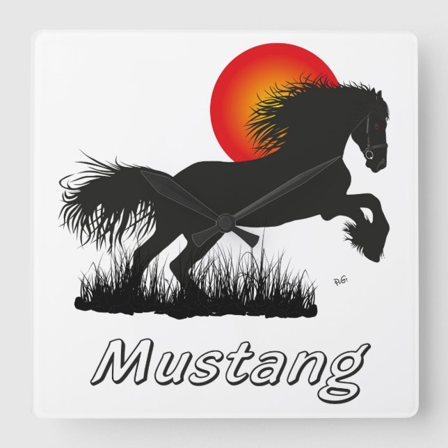 Cuadrado Mustang amante de caballo reloj (Anverso)