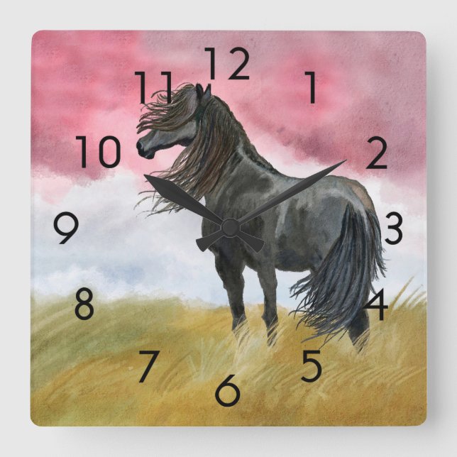 Cuadrado Mustango negro salvaje del caballo en reloj del (Anverso)