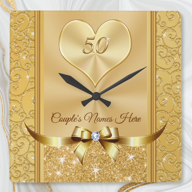 Cuadrado Nombres de parejas en asombroso reloj de 50 años (50th wedding anniversary wall clock. Wonderful, golden anniversary gift ideas for friends, couple.)