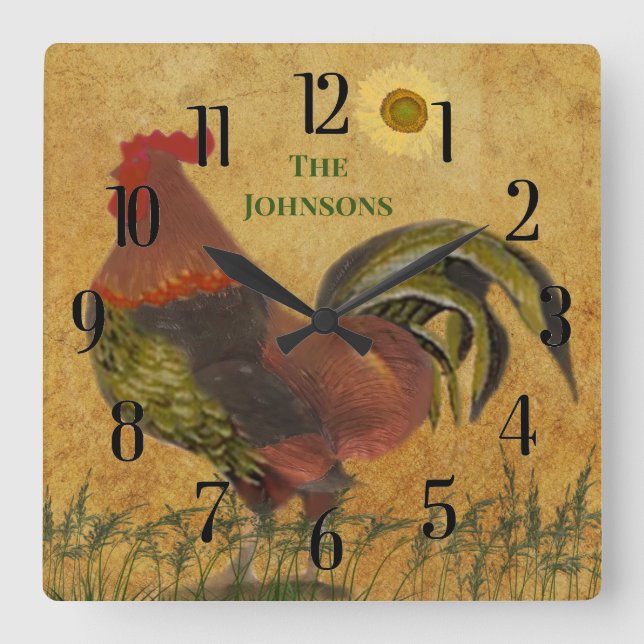 CUADRADO ORGULLOSO ROOSTER RÚSTICO GRAN RELOJ (Anverso)
