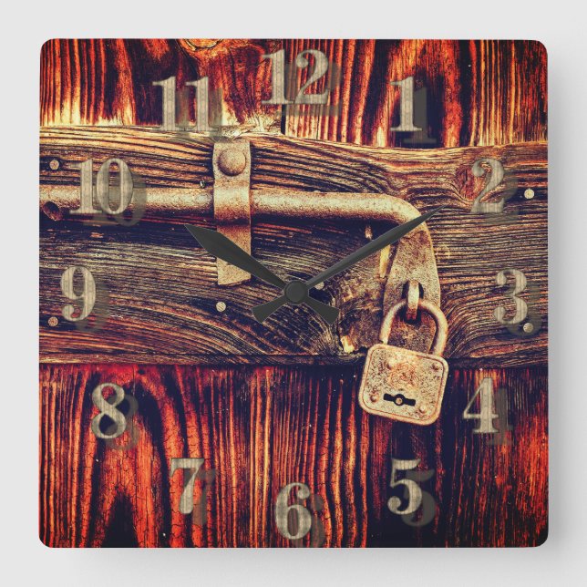 Cuadrado Puerta de madera rústica con reloj de bloqueo de l (Anverso)