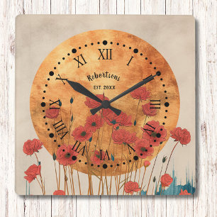 Cuadrado Red Poppies Floral Rústico Monograma reloj de pare
