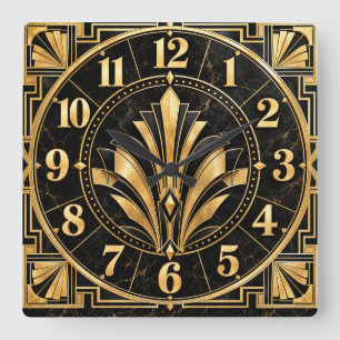 Cuadrado Reloj Art Déco con Glamour Negro y Dorado
