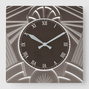 Cuadrado Reloj Art Déco Oscuro Marrón - Líneas Resumen Eleg