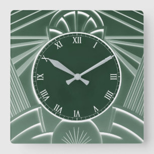 Cuadrado Reloj Art Déco Verde Oscuro - Líneas Resumen Elega
