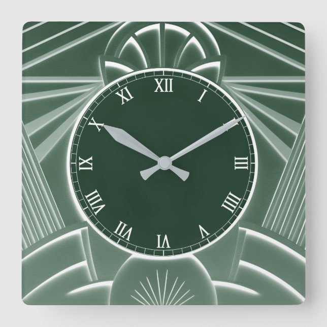 Cuadrado Reloj Art Déco Verde Oscuro - Líneas Resumen Elega (Anverso)