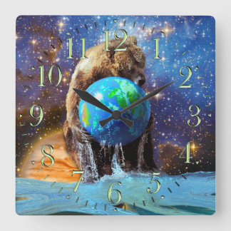 Cuadrado Reloj artístico de grizzly Bear & Planet Earth Fan