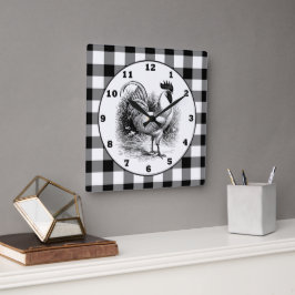Cuadrado Reloj blanco negro de Country Rooster