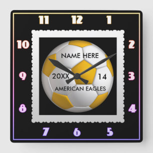 Cuadrado Reloj blanco y negro de fútbol con nombre de jugad