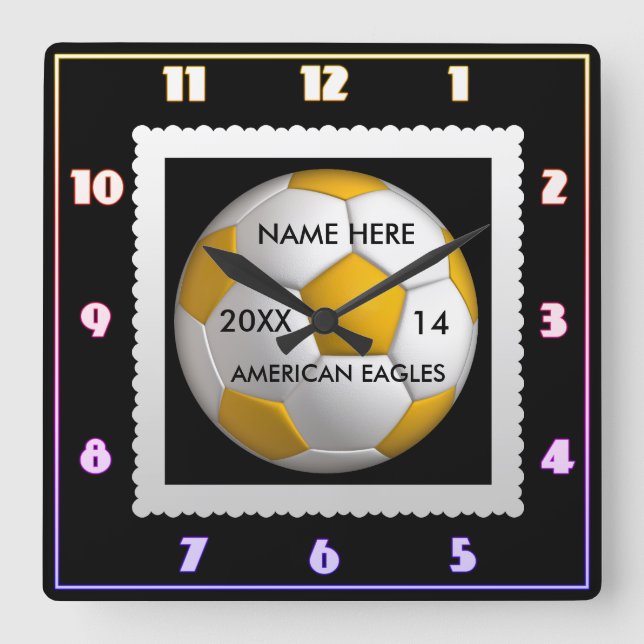 Cuadrado Reloj blanco y negro de fútbol con nombre de jugad (Anverso)