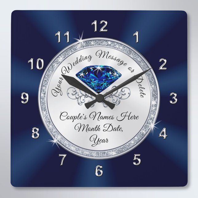 Cuadrado Reloj Boda personalizado de Navy Blue y Silver (Navy Blue and Silver Wedding Clock. Spinel anniversary gifts. Personalised wedding clocks. )