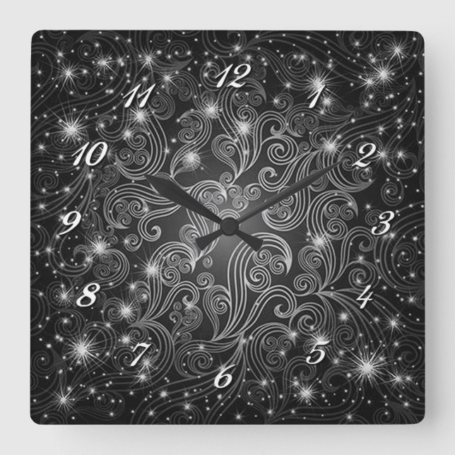 Cuadrado Reloj Celestial de pared en blanco y negro con tob (Anverso)