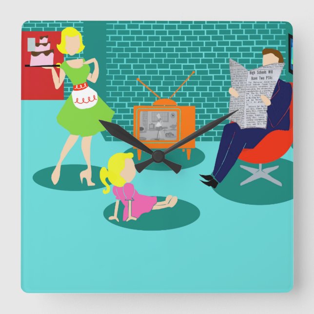 Cuadrado Reloj clásico de pared televisiva de los años 50 (Anverso)