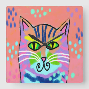 Cuadrado Reloj colorido de pared de gatos de arte abstracto