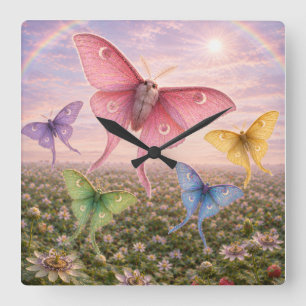 Cuadrado reloj con diseño de flor y mariposa coloridos