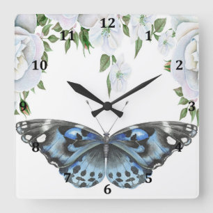 Cuadrado Reloj con mariposa azul y Rosas