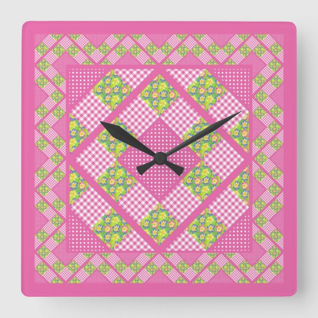 Cuadrado Reloj cuadrado: rosa: rosas, puntos de polka, Ging (Anverso)